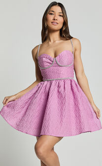 Grayson Mini Dress - Jacquard Sweetheart Diamante Detail Mini Dress in Lilac
