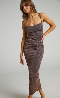 Roma Midi Dress - Ruched Cowl Neck Dress in Chocolate Lurex