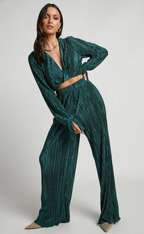 Aluna Two Piece Set - Plisse Twist Front Crop Top and Wide Leg Pants Set in Forest Green