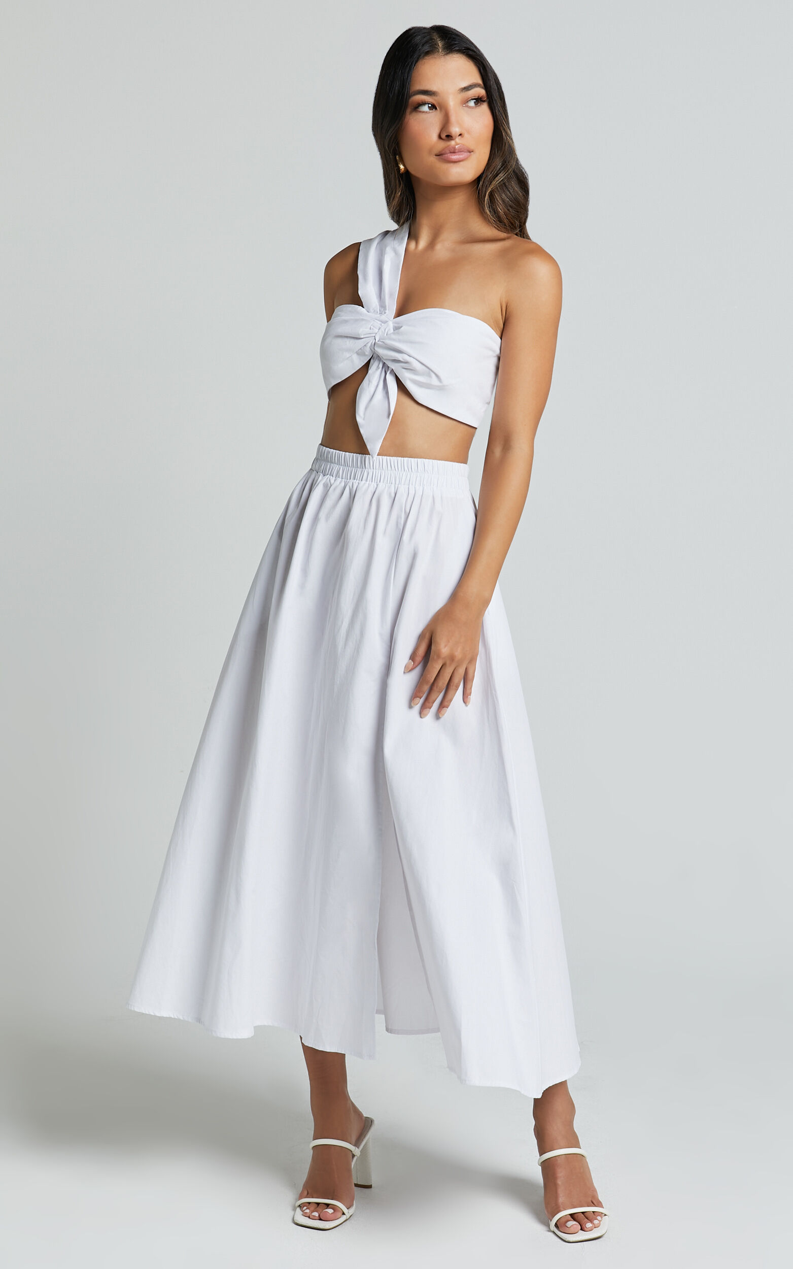 Sula Two Piece Set - One Shoulder Bralette Crop Top and Midi Skirt Set in  Pink