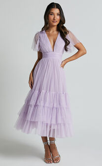 Jiraye Midi Dress - Flutter Sleeve Tuelle Plunge Dress in Lilac