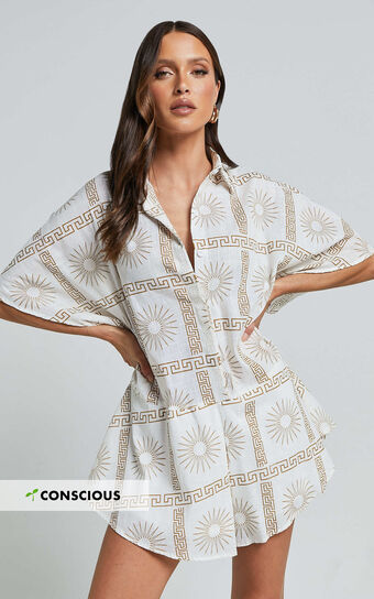 Alice Playsuit - Short Sleeve Relaxed Button Up Playsuit in White & Brown Sun Print