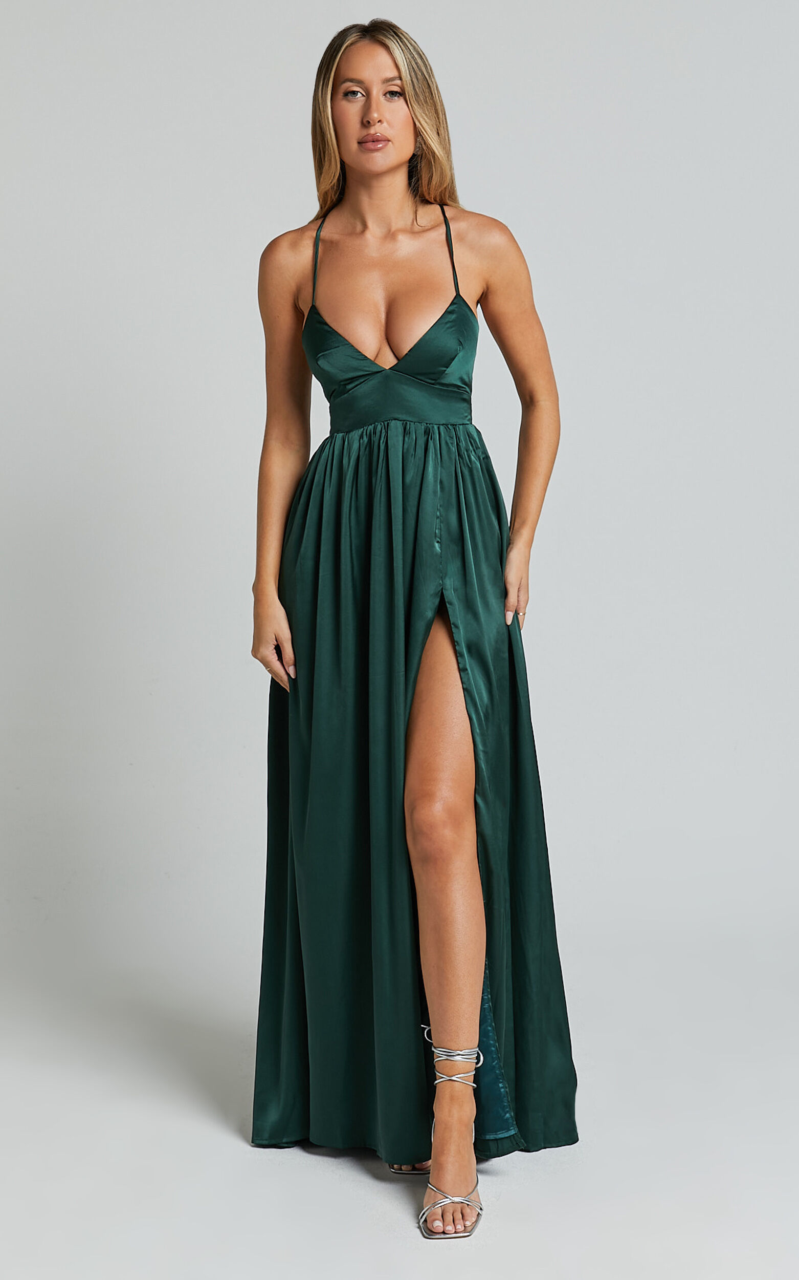 I Want The World To Know Midi Dress Thigh Split Tie Back Dress in Emerald Showpo USA
