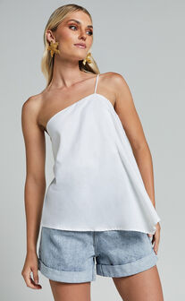 Amalie The Label - Charmonique Linen Asymmetric One Shoulder Cami Top in White