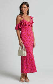 Giulia Midi Dress - One Shoulder Frill Detail Dress in Pink Floral ...