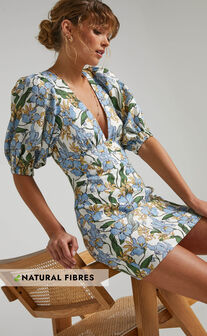 Amalie The Label - Indrisia Linen Puff Sleeve Open Back Bodycon Mini Linen Dress in Iris Floral