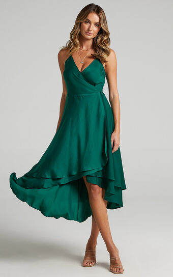Between Fantasy Midi Dress - High Low Wrap Dress in Emerald Satin