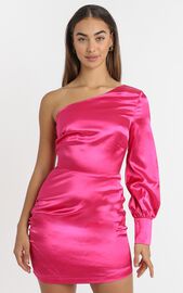 Eve One Shoulder Mini Dress in Hot Pink Satin | Showpo