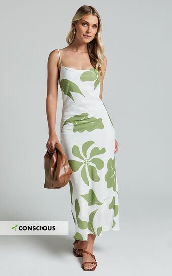 Ashna Midi Dress - Sleeveless Scoop Neck Slip Dress in Green Floral