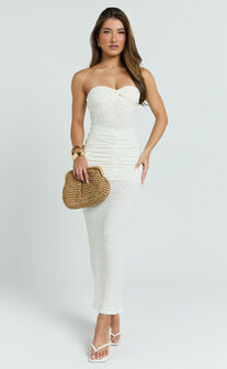 Francine Midi Dress - Strapless Twist Sheer Textured Jersey Dress in Cream