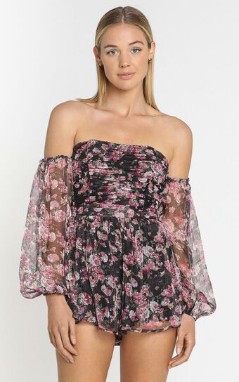 Leighton Ruched Playsuit in romantic black floral