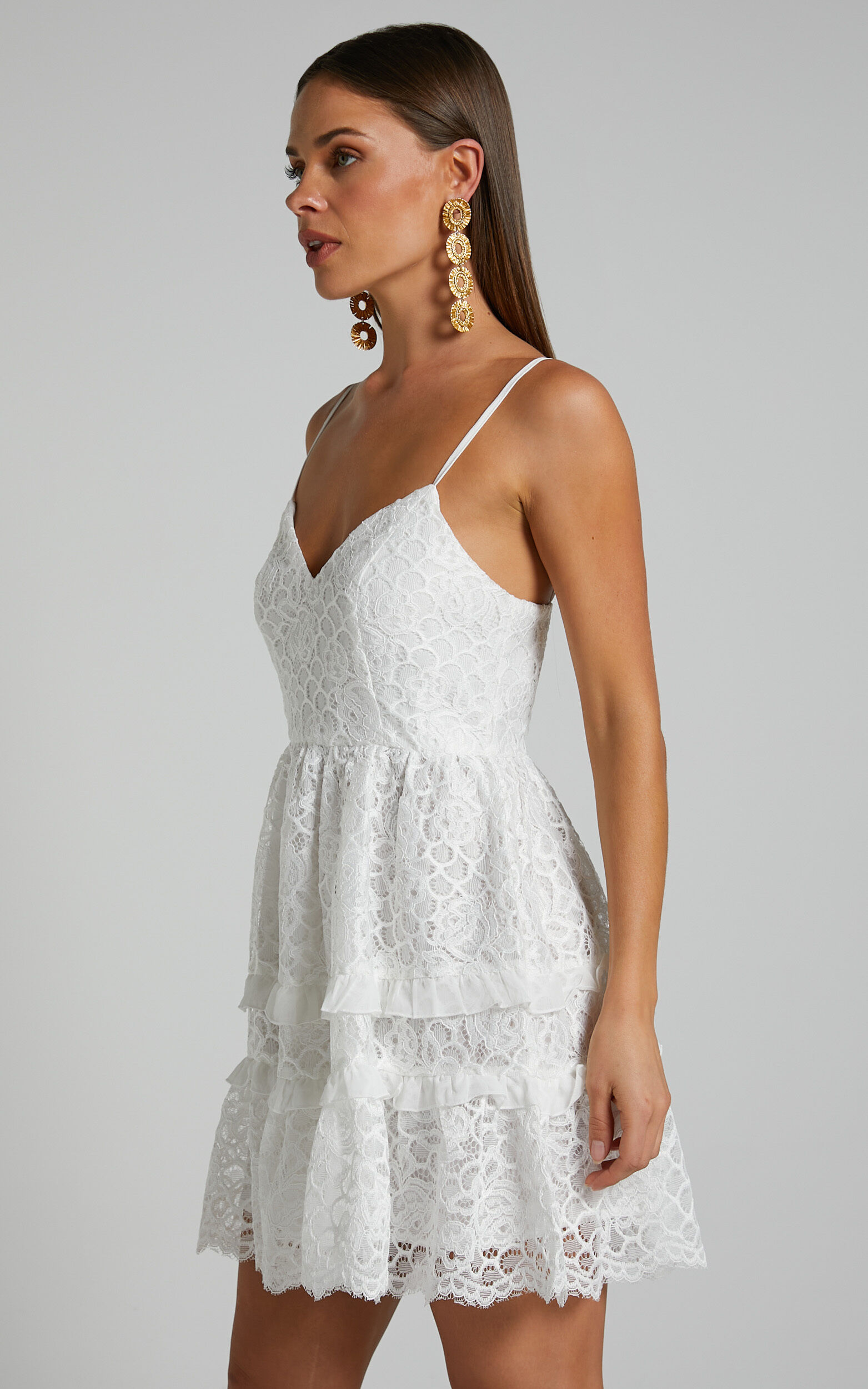 Rhedan Mini Dress Tiered Lace Dress in White