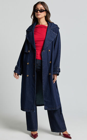 Vinnie Trench Coat - Denim Washed Trench Coat in Dark Blue Wash