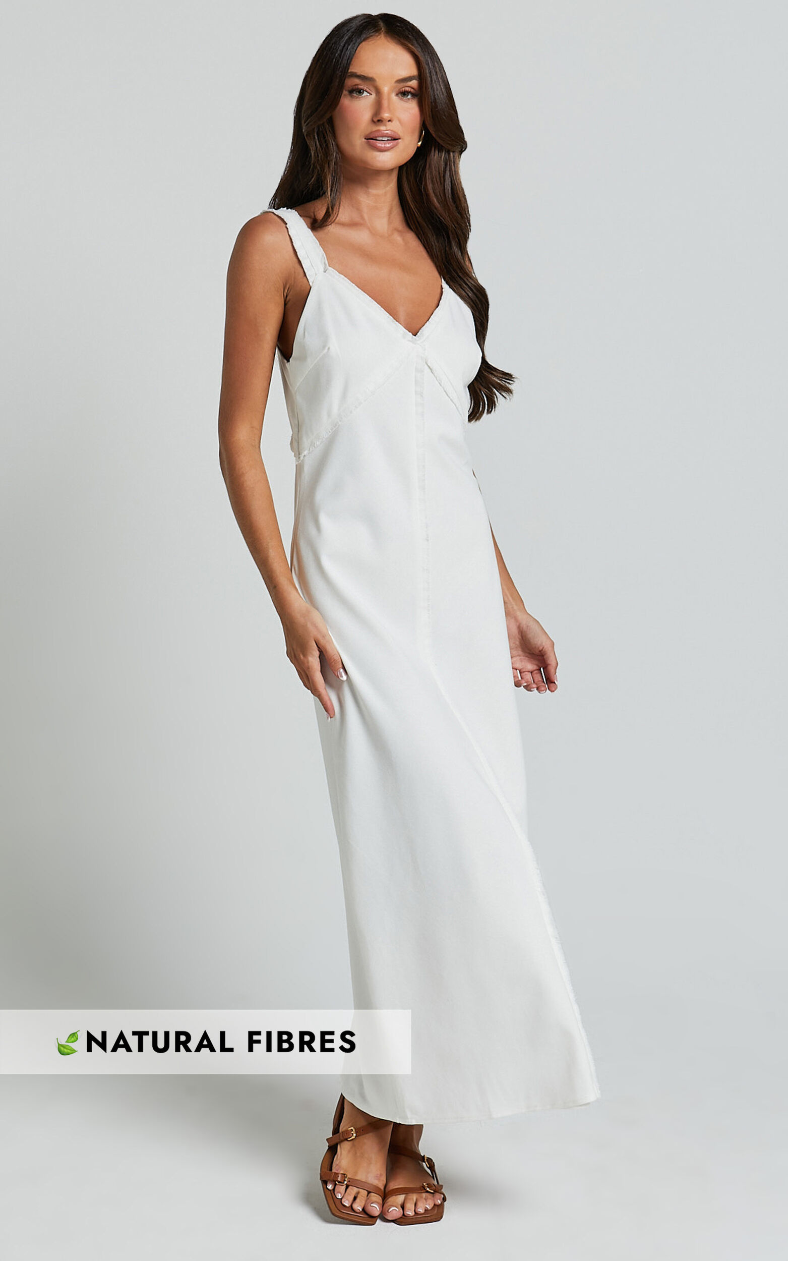 Mikella Midi Linen Dress - Linen Exposed Seam Shift Dress in White - 06, WHT1
