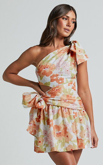 Zaria Mini Dress Asymmetric Cut Out Tie Waist in Orange Floral No Sale