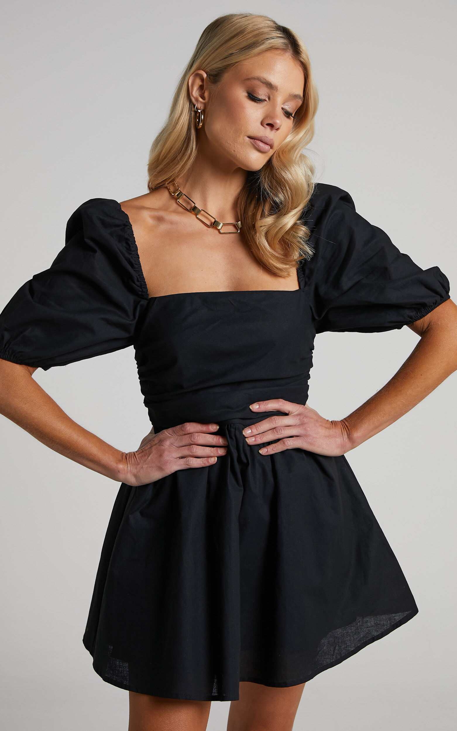 Claudina Mini Dress Linen Look Puff Sleeve Ruched Bodice Dress in Black Showpo