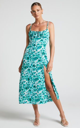 Willa Midi Dress - Ruched Bust Thigh Split Dress in Blurred Turquoise Floral