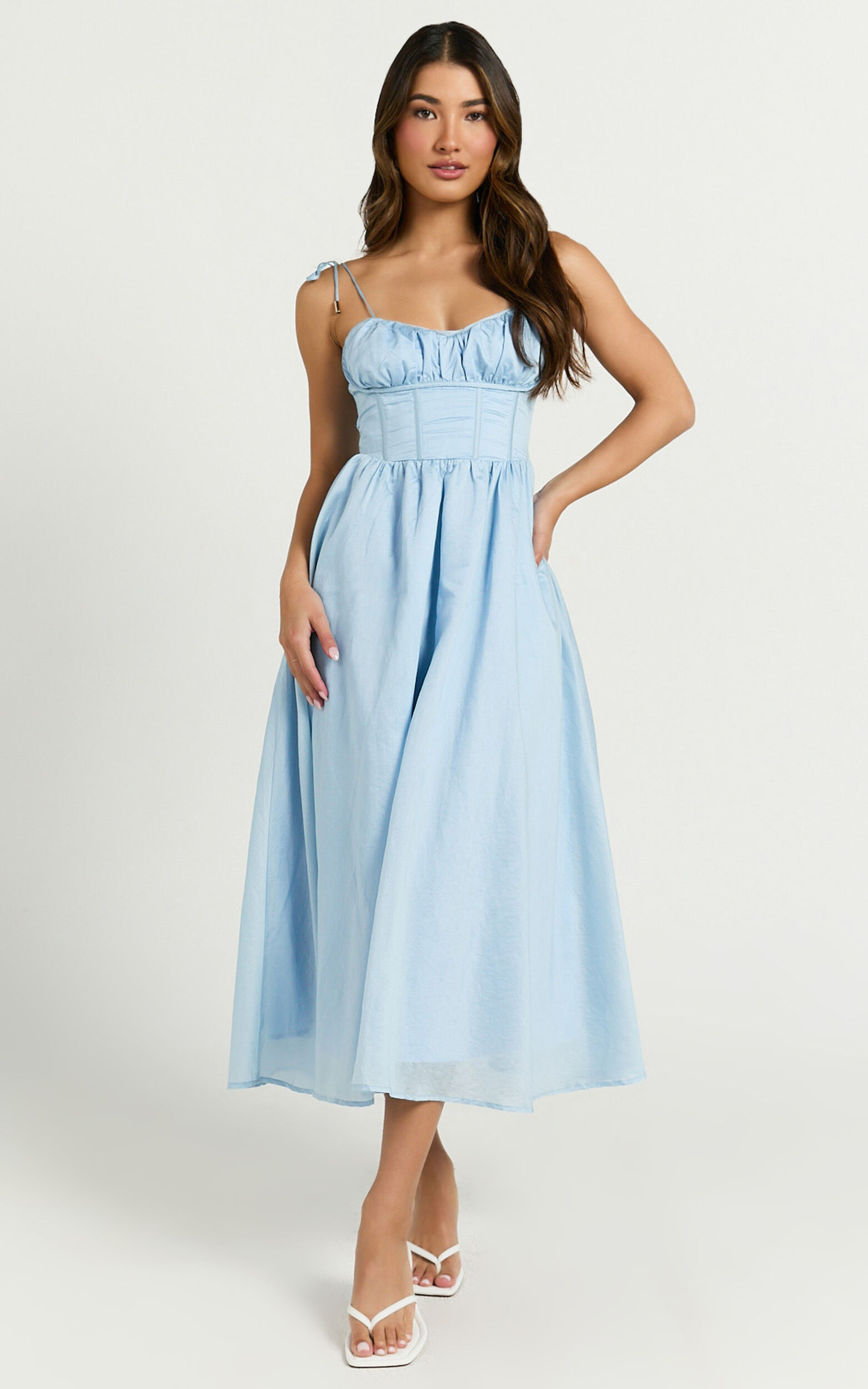Dolores Midi Dress - Strappy Ruched Bust Corset Waist Dress in Blue - 06, BLU1