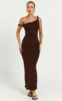 Isabel Midi Dress - Twist Off Shoulder Bodycon Dress in Chocolate