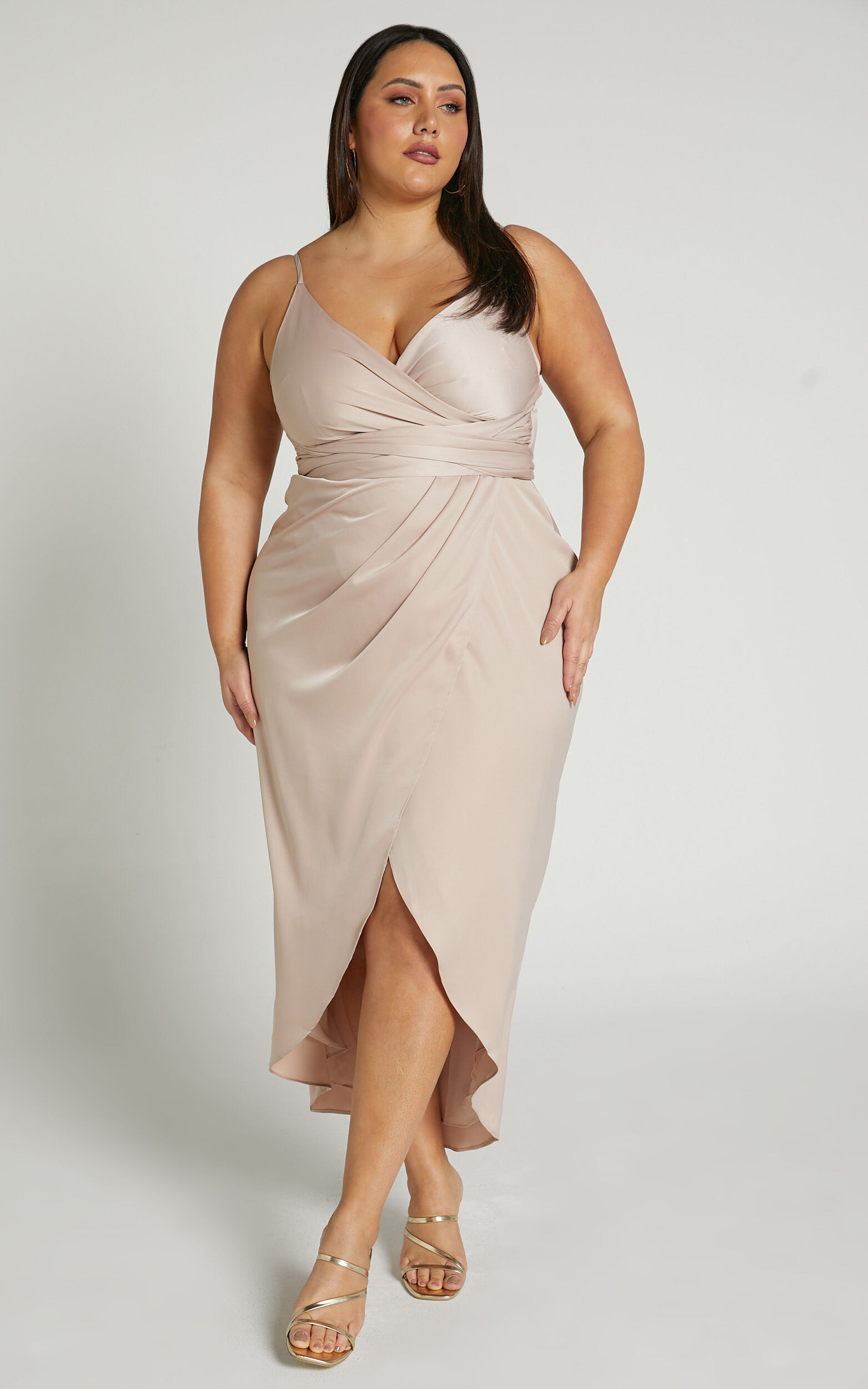 How Will I Know Midi Dress Wrap Waist Tie Tulip Hem Dress in Champagne