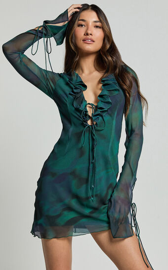 Alesya Mini Dress - Ruffle Plunge Neck Long Sleeve Tie Detail Dress in Moss Adeana