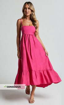 Aveiro Midi Dress - Straight Neck Shoulder Tie High Low Ruffle Hem in Raspberry