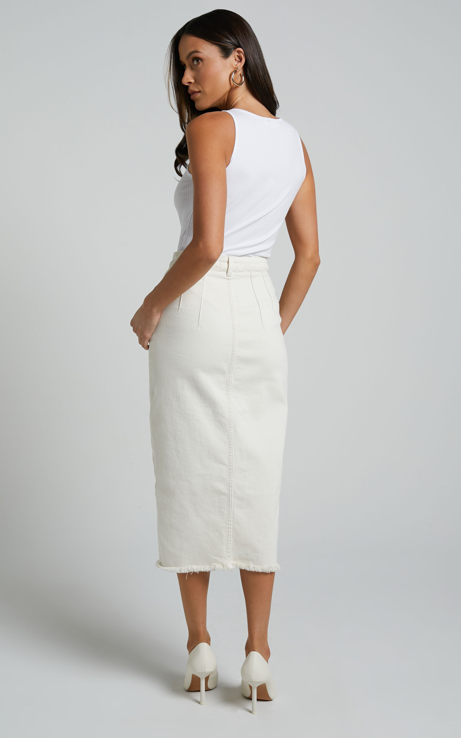 Janeve Midi Skirt Front Split Denim Skirt in Ecru Showpo USA