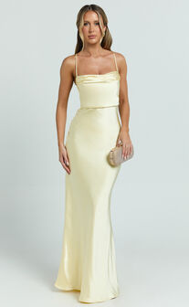 Hanna Maxi Dress - Satin Cowl Neck Low Back Dress in Lemon