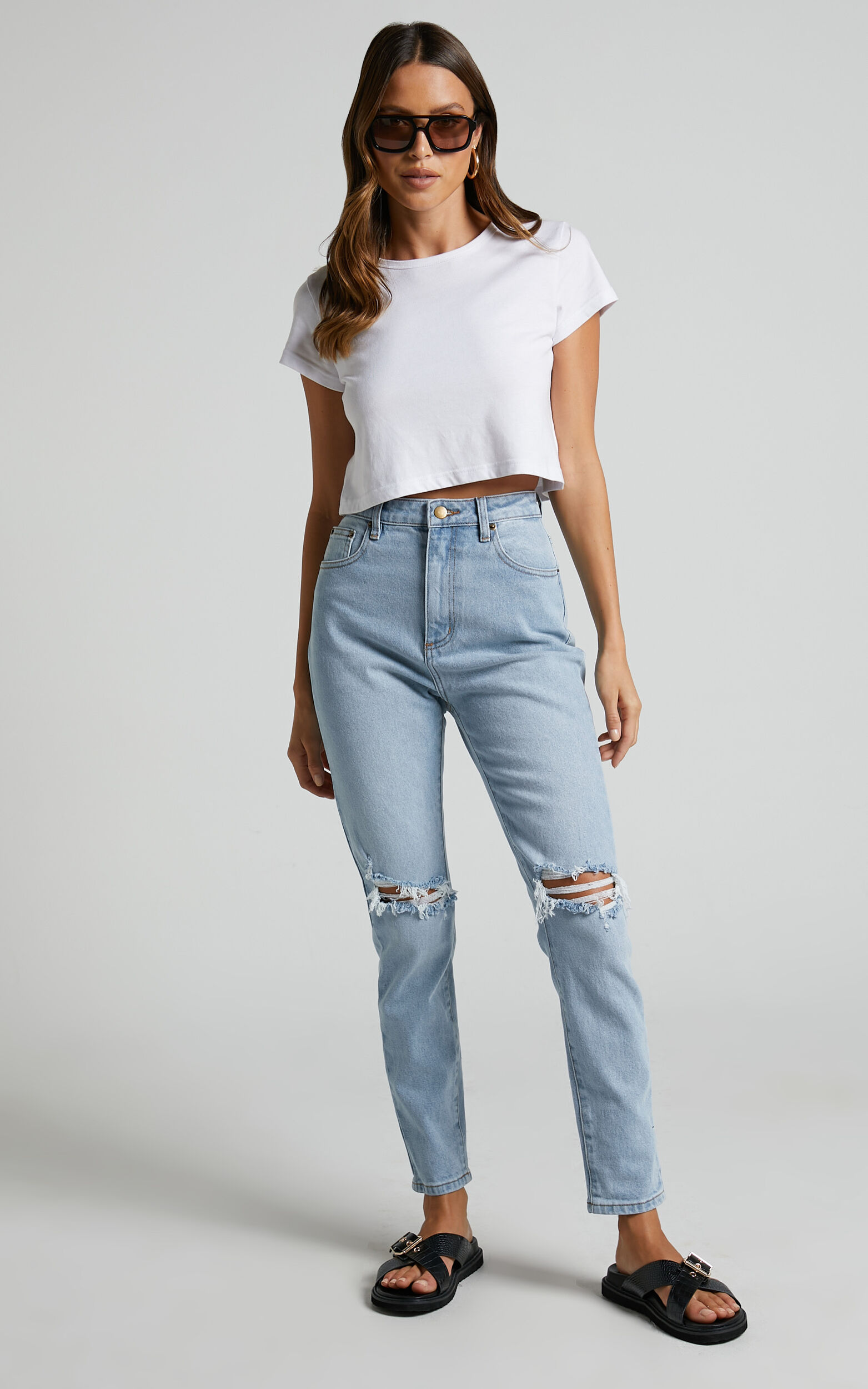 Izira Jeans - High Waisted Ripped Denim Mom Jeans in Mid Blue Wash - 04, BLU1