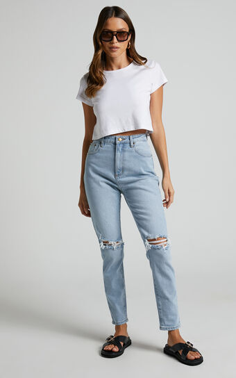 Izira Jeans - High Waisted Ripped Denim Mom Jeans in Mid Blue Wash