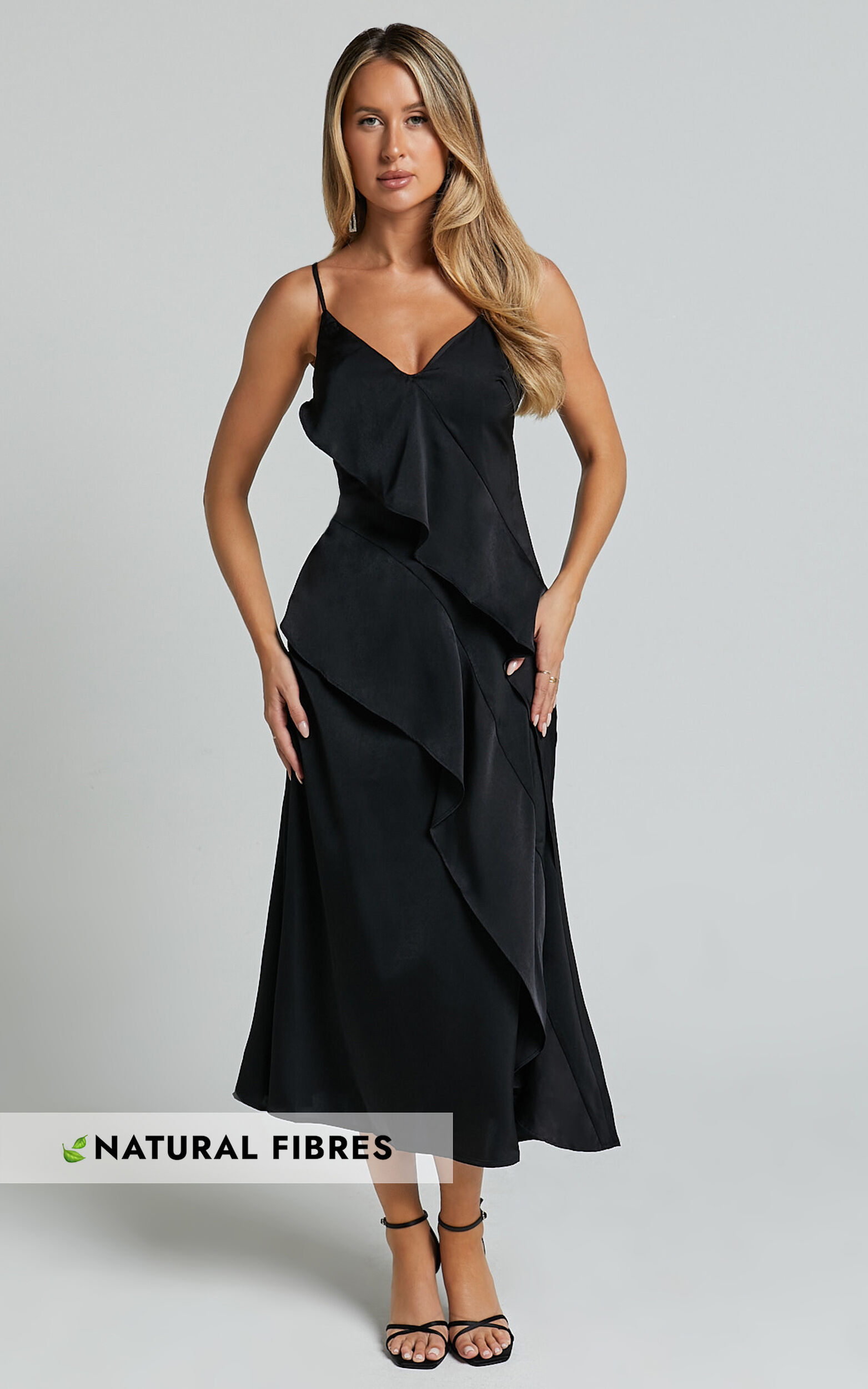 Eileen Midi Dress - V Neck Soft Ruffle Tiered Satin Dress in Black - 06, BLK1