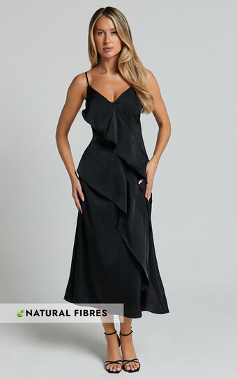 Eileen Midi Dress - V Neck Soft Ruffle Tiered Satin Dress in Black