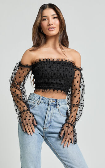 Carly Top - Long Sleeve Off Shoulder Tulle Top in Black