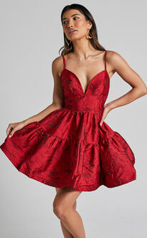 Britany Mini Dress - V Neck Tiered Strappy Tiered Fit and Flare Dress in Red