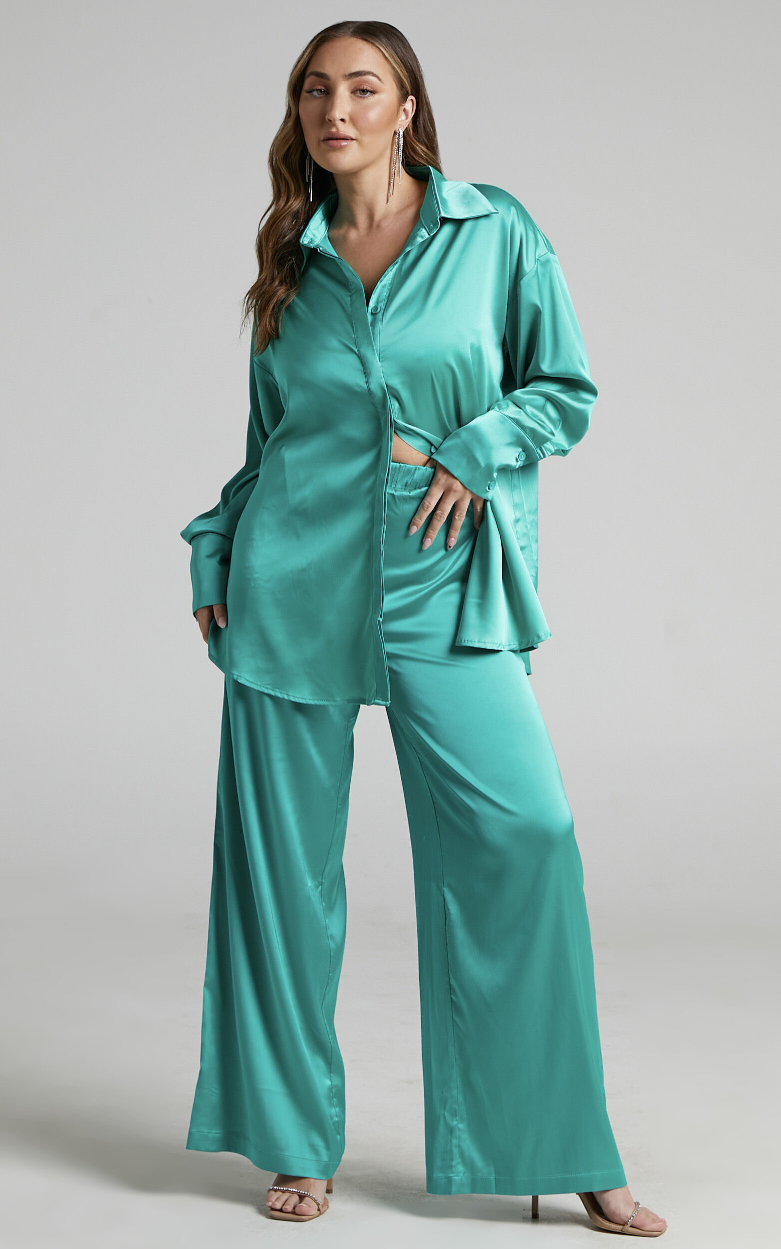 Womens Satin Two Piece Outfits Casual Loose Button Shirt Blouse Top Wide  Leg Long Pants Set Shinny Jumpsuits Rompers