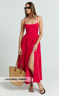 Morris Midi Dress - Linen Scoop Neck Gathered Dress in Red