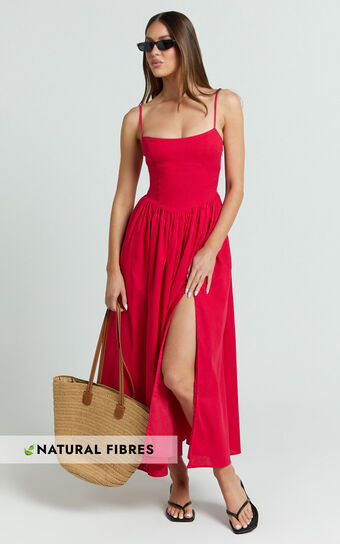 Morris Midi Dress - Linen Scoop Neck Gathered Dress in Red