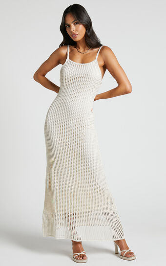 Shana Midi Dress - Crochet Slip Dress in Beige