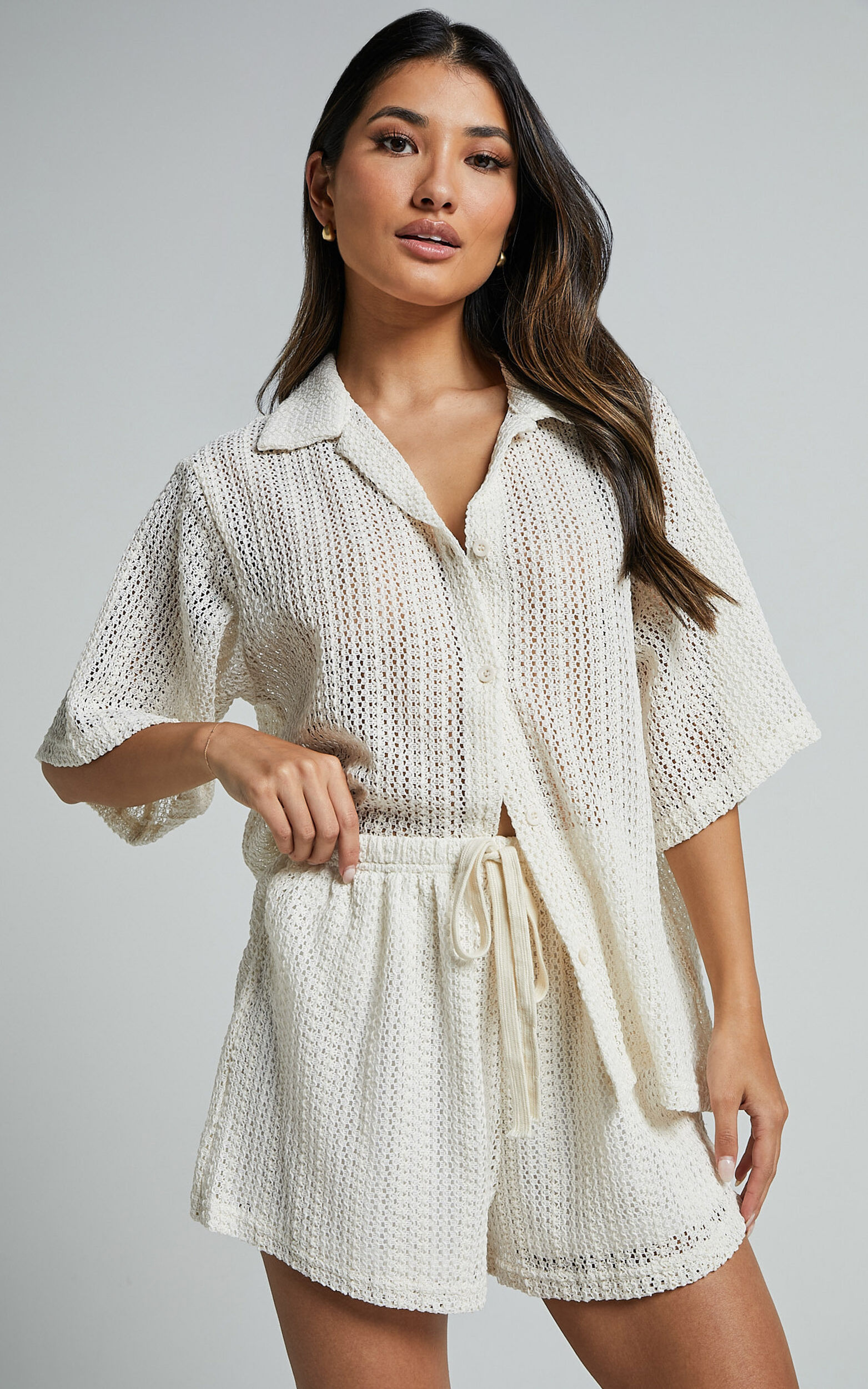 Holly Two Piece Set Crochet Short Sleeve Shirt Shorts Set in Cream