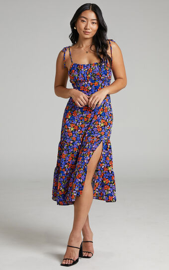 Eithna Midi Dress - Ruched Bust Strappy Dress in Dark Floral