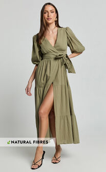 Penelope Wrap Front Puff Sleeve Midi Dress in Olive