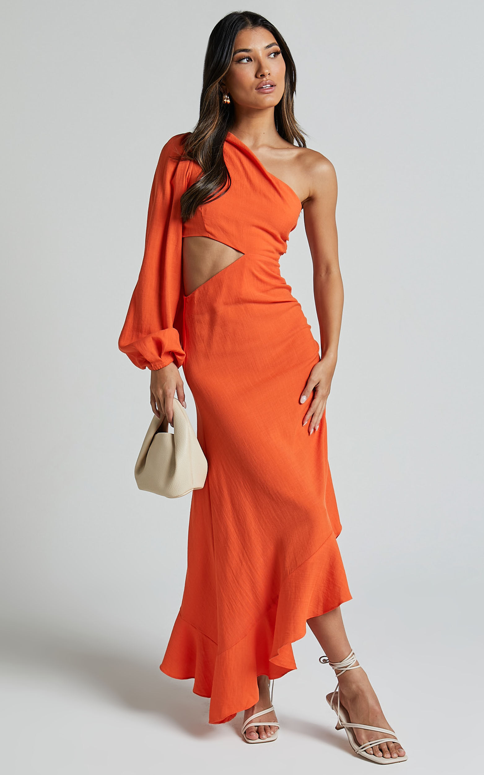 Madalyn Midi Dress One Shoulder Long Puff Sleeve Asymmetric Side Cut Out Ruched Side in Orange