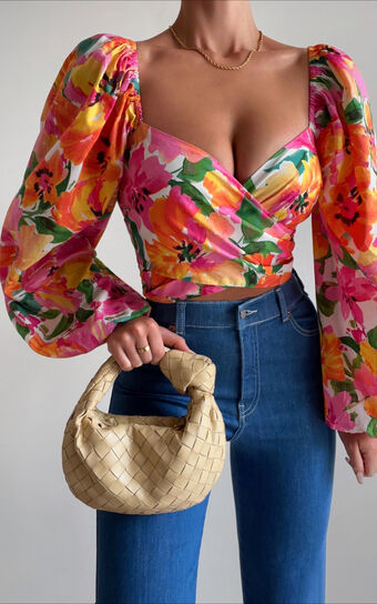 Shairah Top - Long Sleeve Tie Back Wrap Crop Top in In Bloom
