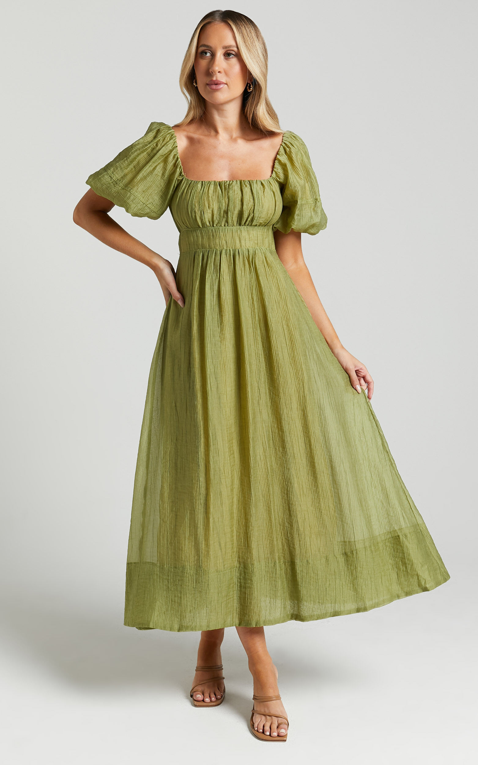 Roshina Midi Dress Straight Neck Puff Sleeve Dress in Olive Showpo USA