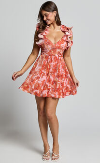 Carol Mini Dress - Pleated Fabric With Ruffle Trims Dress in Orange Floral Print