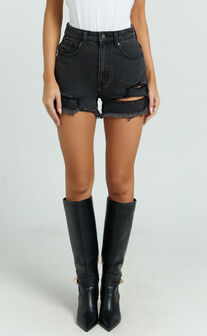 Mindae Shorts - Recycled Cotton Ripped Denim Shorts in Washed Black