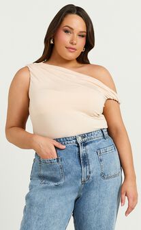 Jialeen Top - Off Shoulder Twist Asymmetrical Sleeve Top in Sand