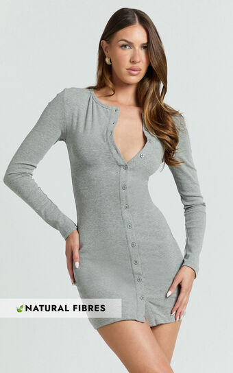 Nikola Mini Dress - Long Sleeve Placket Front Bodycon Dress in Grey Marle