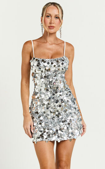 Cleo Mini Dress - Circle Sequin Mini Dress in Silver