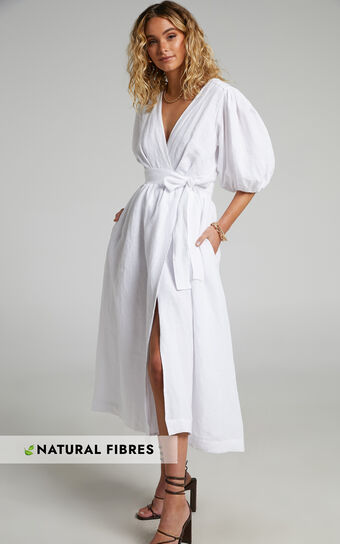 Amalie The Label  Franc Linen Puff Sleeve Wrap Midi Dress in